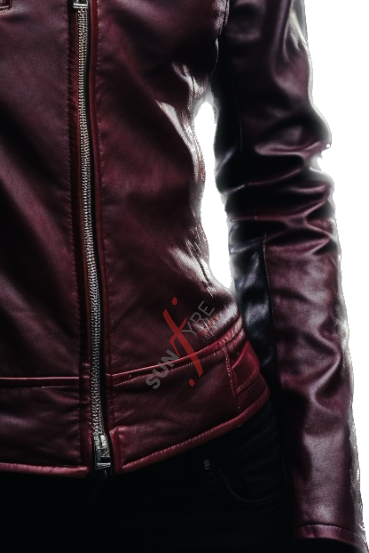 Burgundy Distressed Leather Jacket For Women