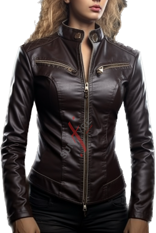 Brown Sheepskin Slim Fit Leather Jacket For Women