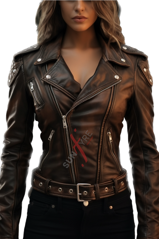 Dark Brown Asymmetrical Real Sheepskin Leather Jacket For Women