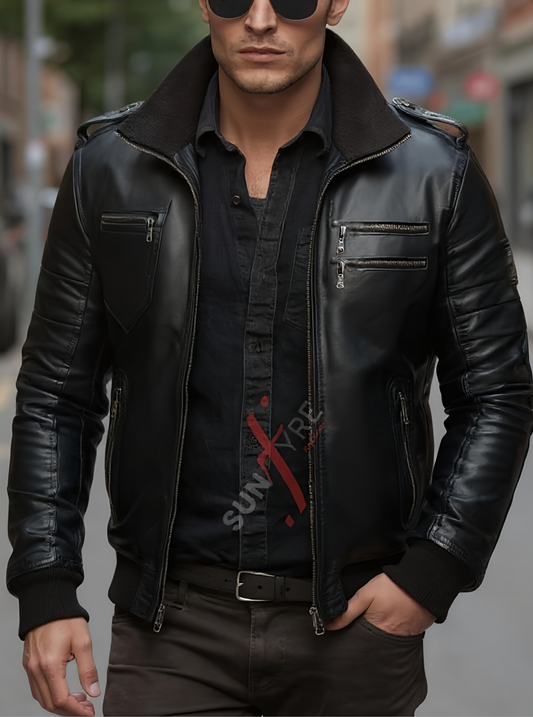 Brandon Black Bomber Leather Jacket For Men (SF541)