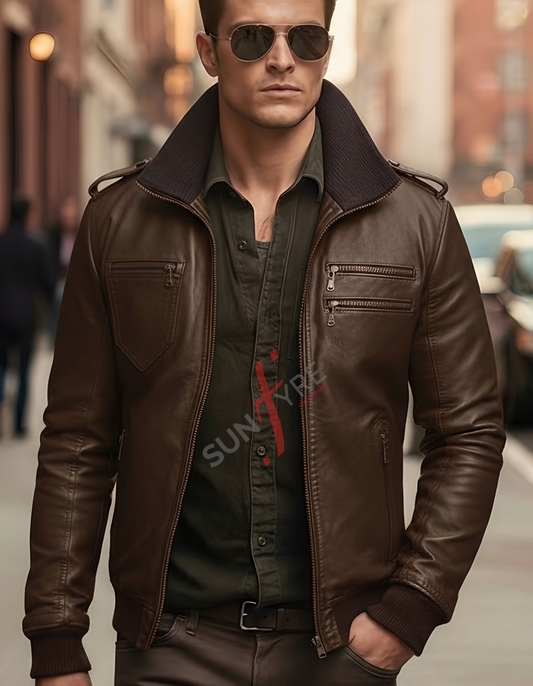 Brandon Coffee Brown Bomber Leather Jacket For Men (SF603)