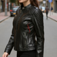 Black Cafe Racer Leather Jacket For Women