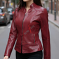 Women’s Slim Fit Cafe Racer Distressed Burgundy Leather Jacket (SF154)
