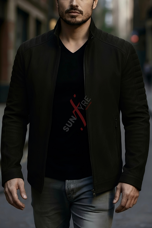 Aaron Nubuck Black Racer Leather Jacket For Men (SF561)