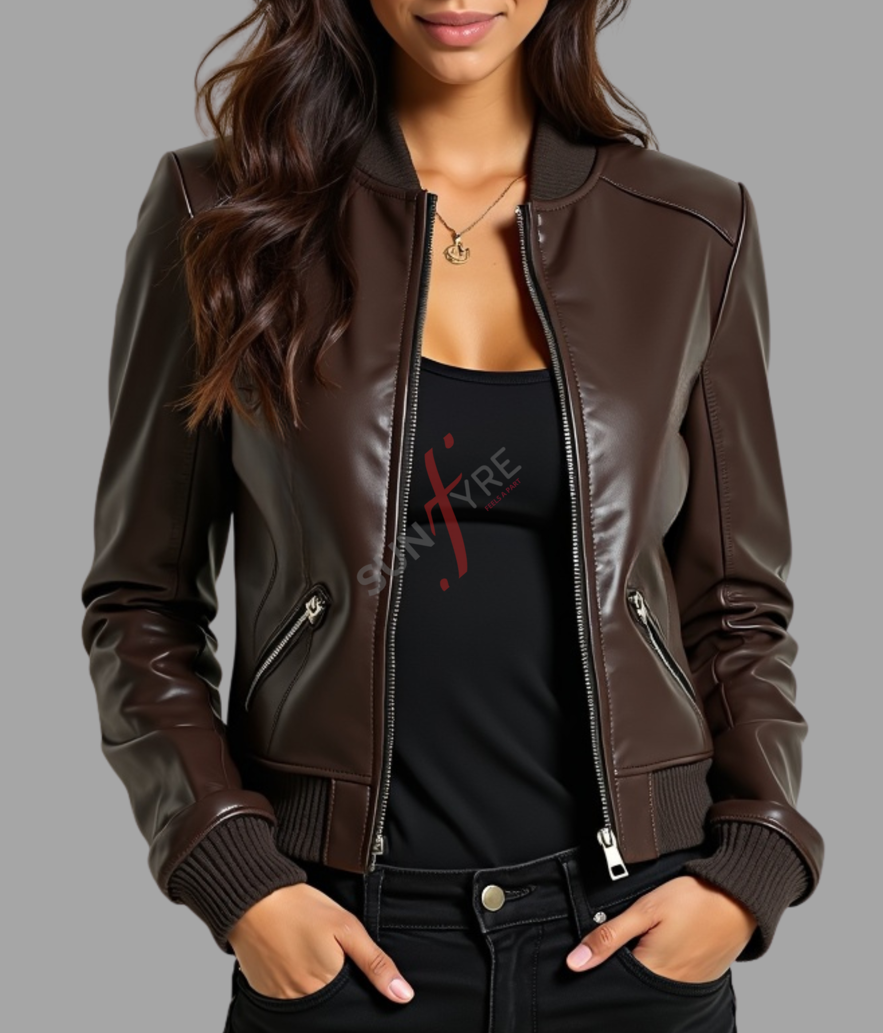 Brown Short Bomber Leather Jacket For Women (SF361)