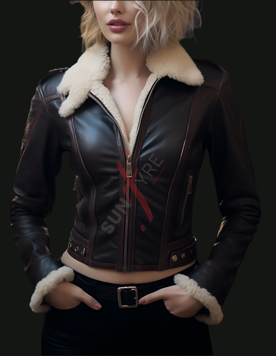 Real Sheepskin Short Black Shearling Motorcycle Leather Jacket For Women