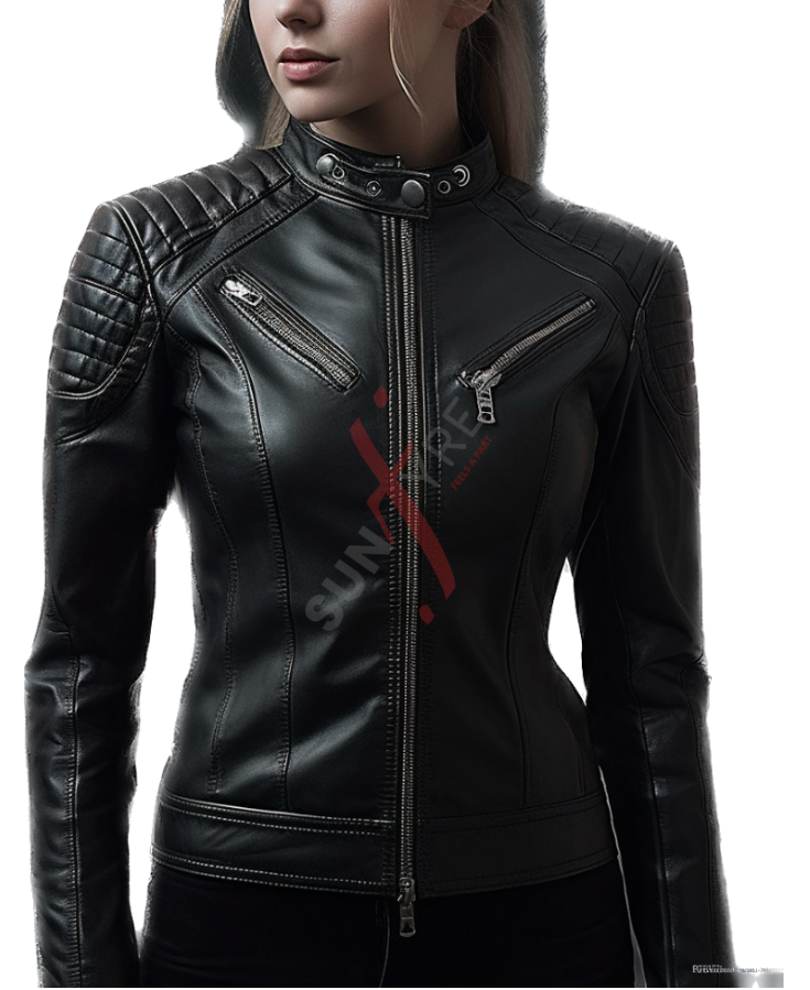 Slim Fit Cafe Racer Lambskin Black Leather Jacket For Women