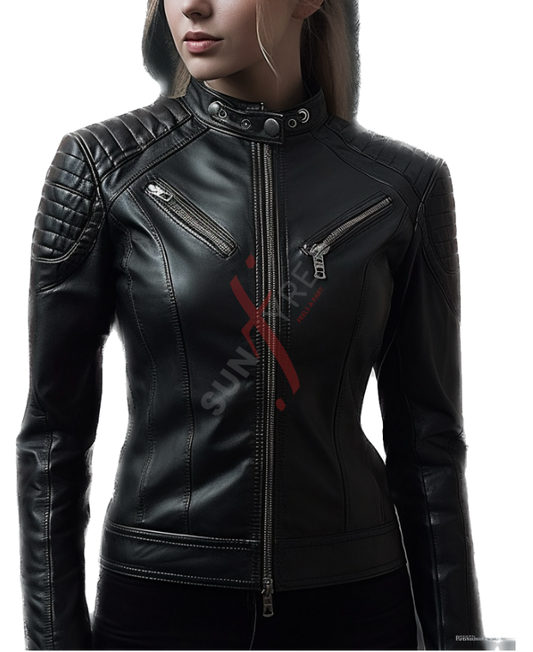 Slim Fit Cafe Racer Lambskin Black Leather Jacket For Women