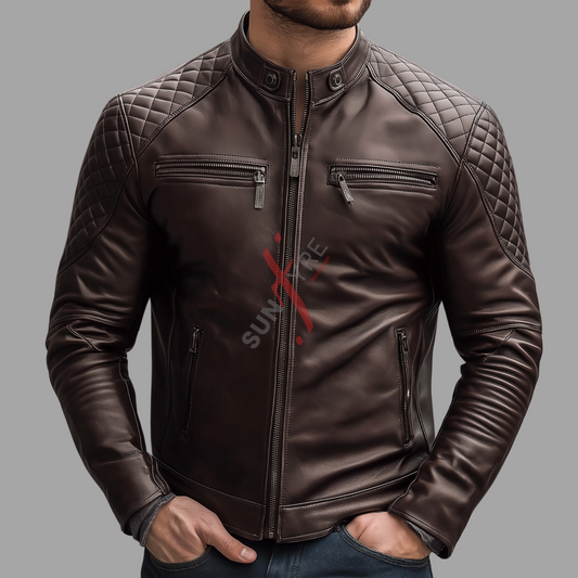 Real Sheepskin Cafe Racer Leather Brown Biker Jacket For Men