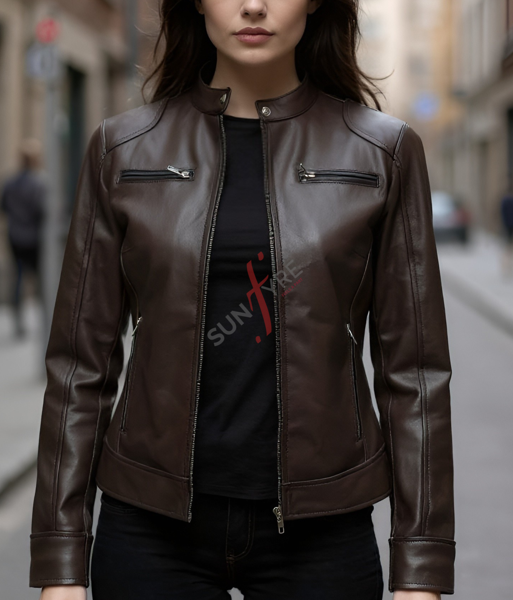 Cafe Racer Dark Brown Leather Jacket for Women (SF330)