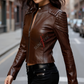 Short Dark Brown Slim Fit Leather Jacket For Women