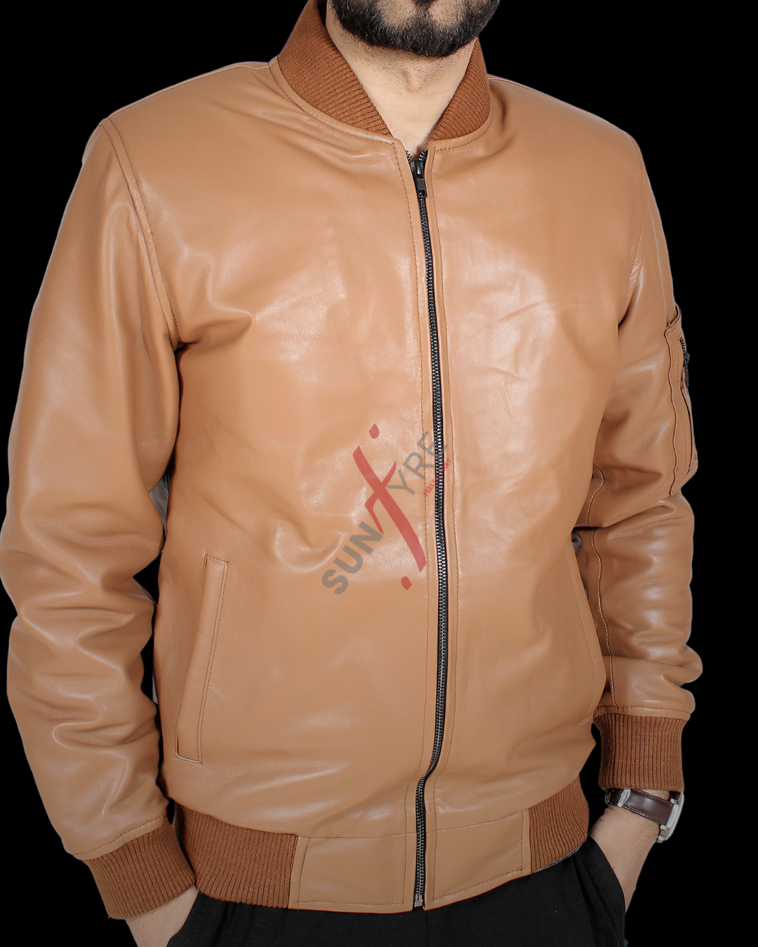 Original Lambskin Cognac Bomber Leather Jacket For Men (SF699)