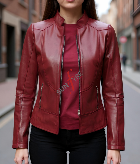 Women’s Slim Fit Cafe Racer Distressed Burgundy Leather Jacket (SF154)
