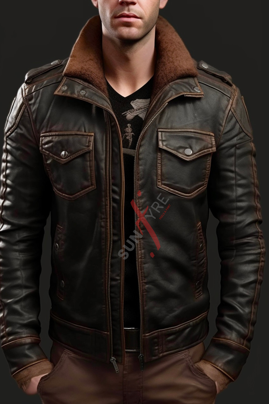 Real Sheepskin Dark Brown Bomber Leather Jacket For Men