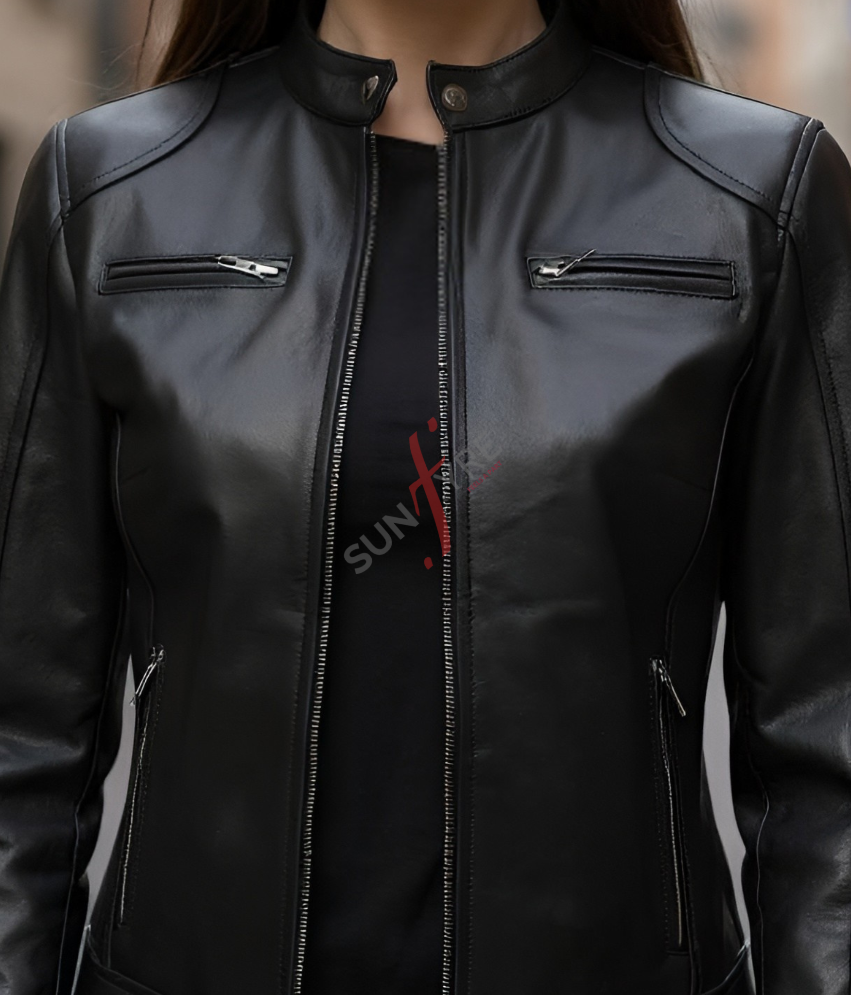 Racer Black Leather Jacket For Women (SF106)