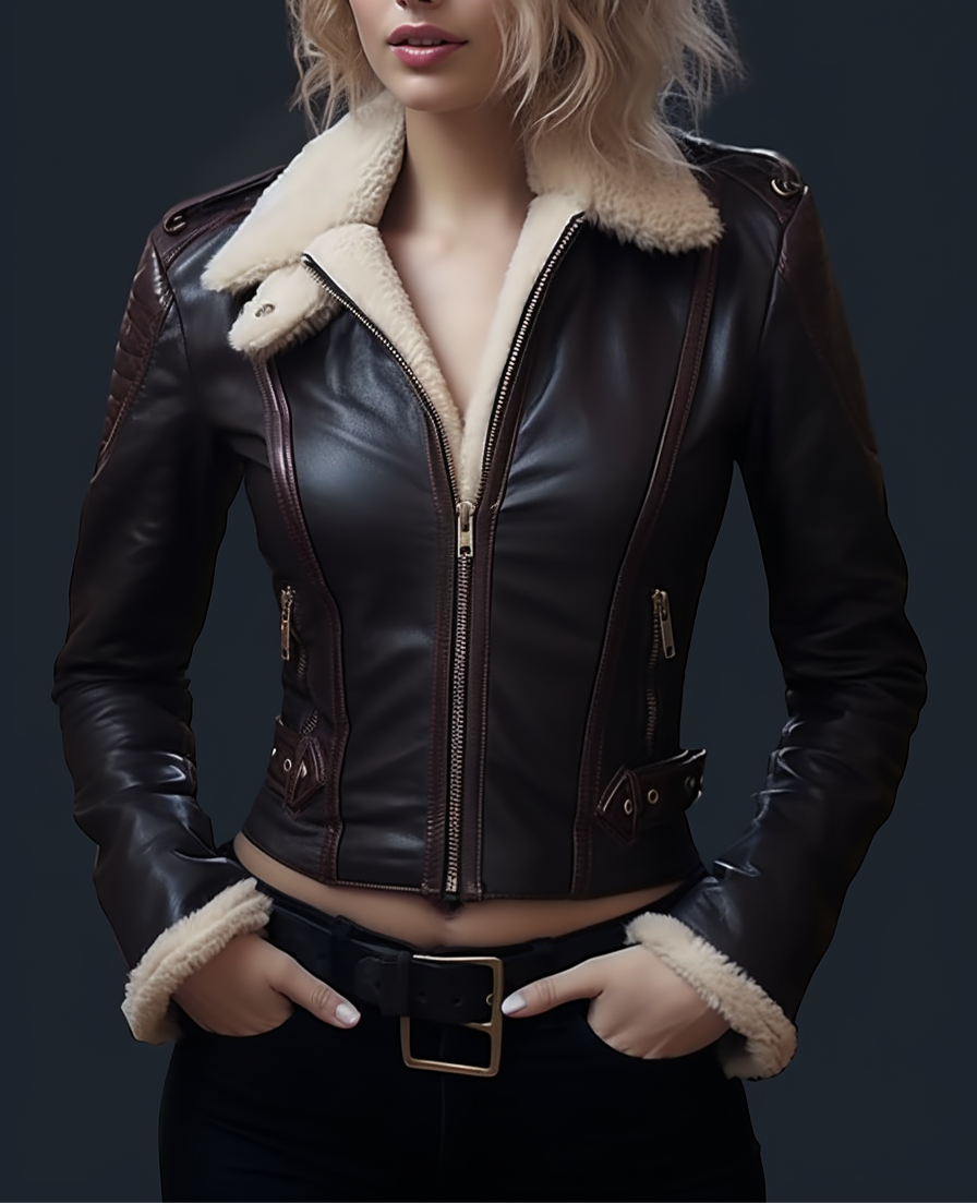 Sheepskin Black Shearling Two Tone Leather Jacket For Women