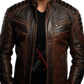 Sheepskin Two Tone Cafe Racer Cognac Leather Jacket For Men