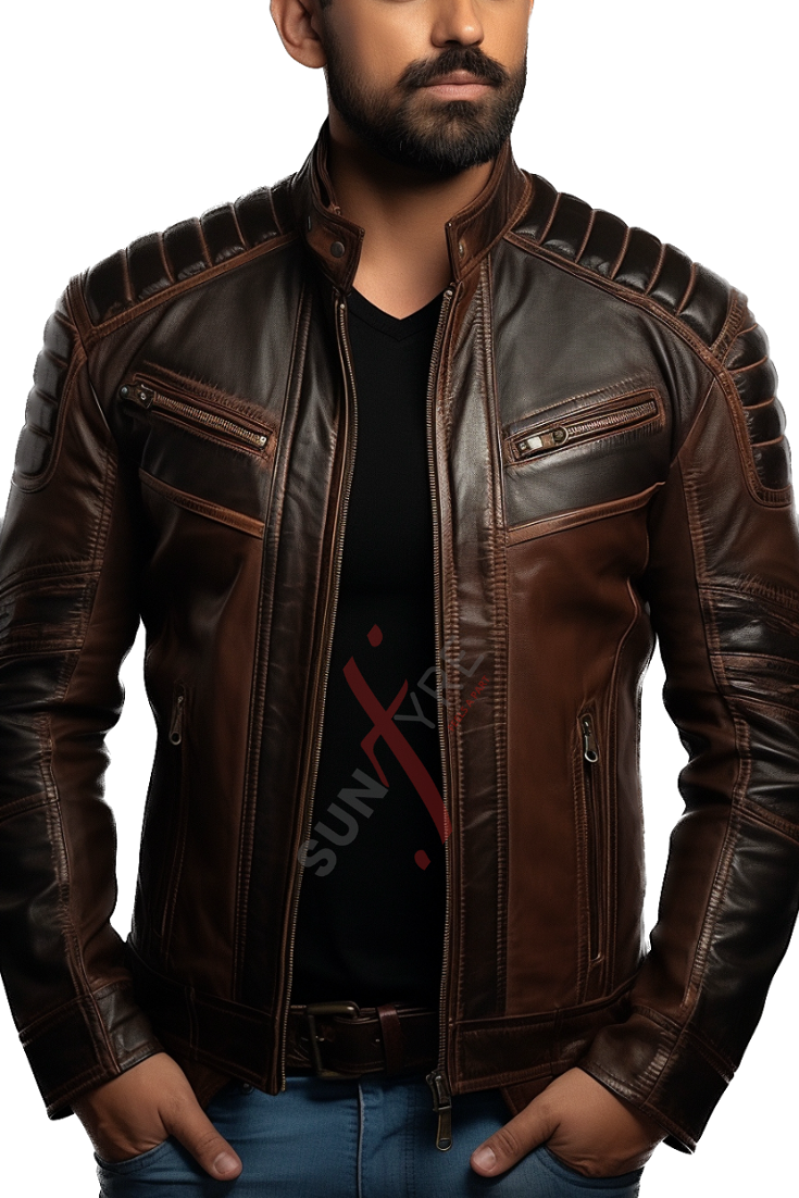 Sheepskin Two Tone Cafe Racer Cognac Leather Jacket For Men