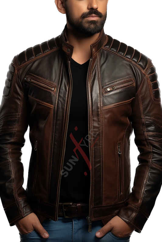 Sheepskin Two Tone Cafe Racer Cognac Leather Jacket For Men