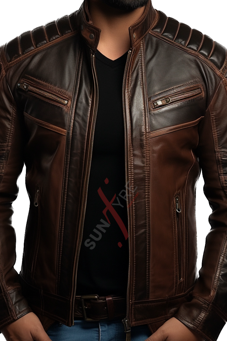 Two Tone Cafe Racer Cognac Leather Jacket For Men