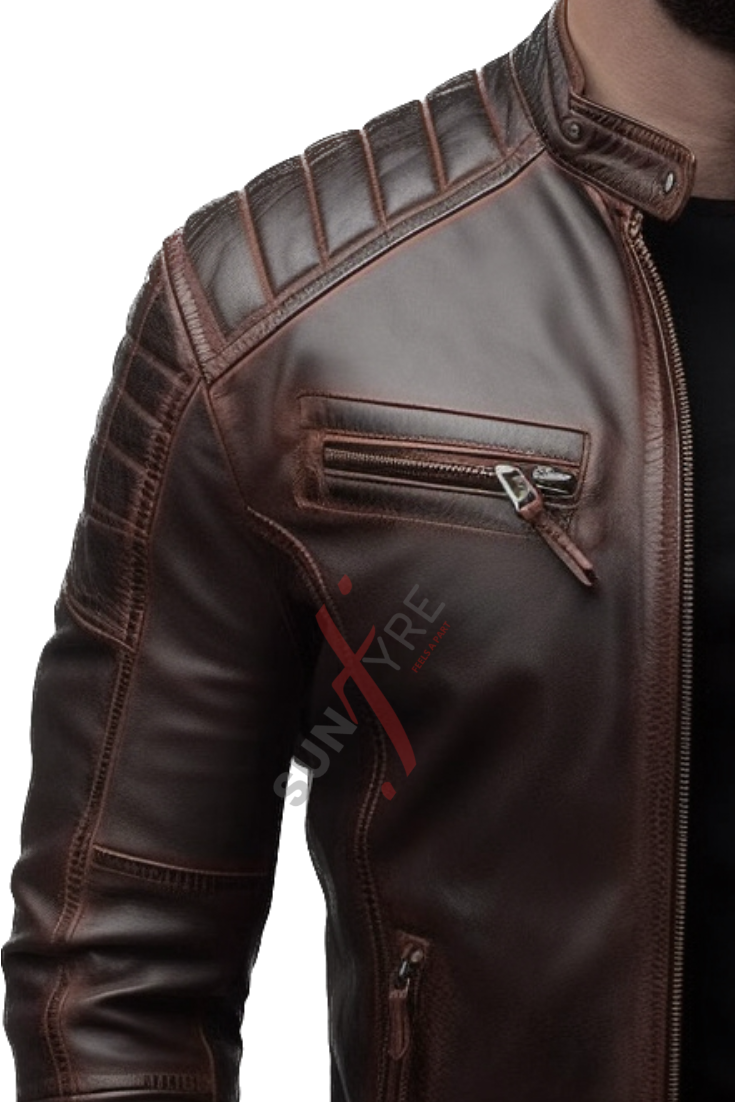 Walnut Brown Quilted Leather Jacket For Men