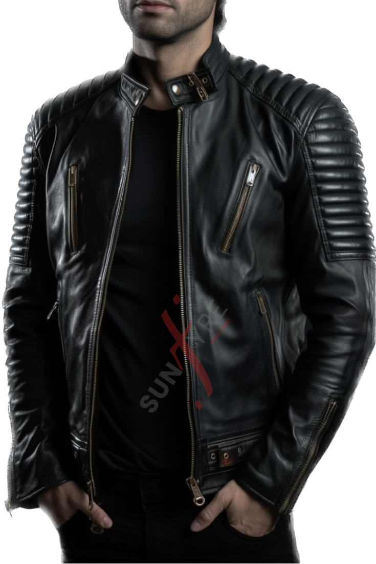 Quilted Black Belted Motorcycle Leather Jacket For Men