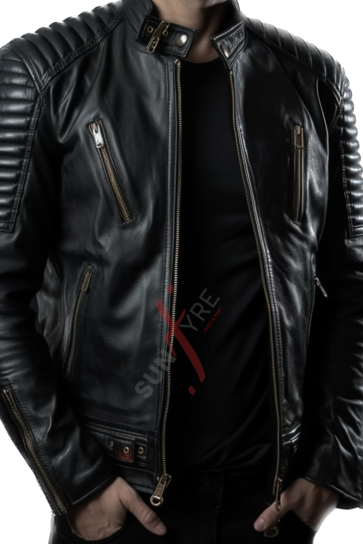 Black Belted Motorcycle Leather Jacket For Men