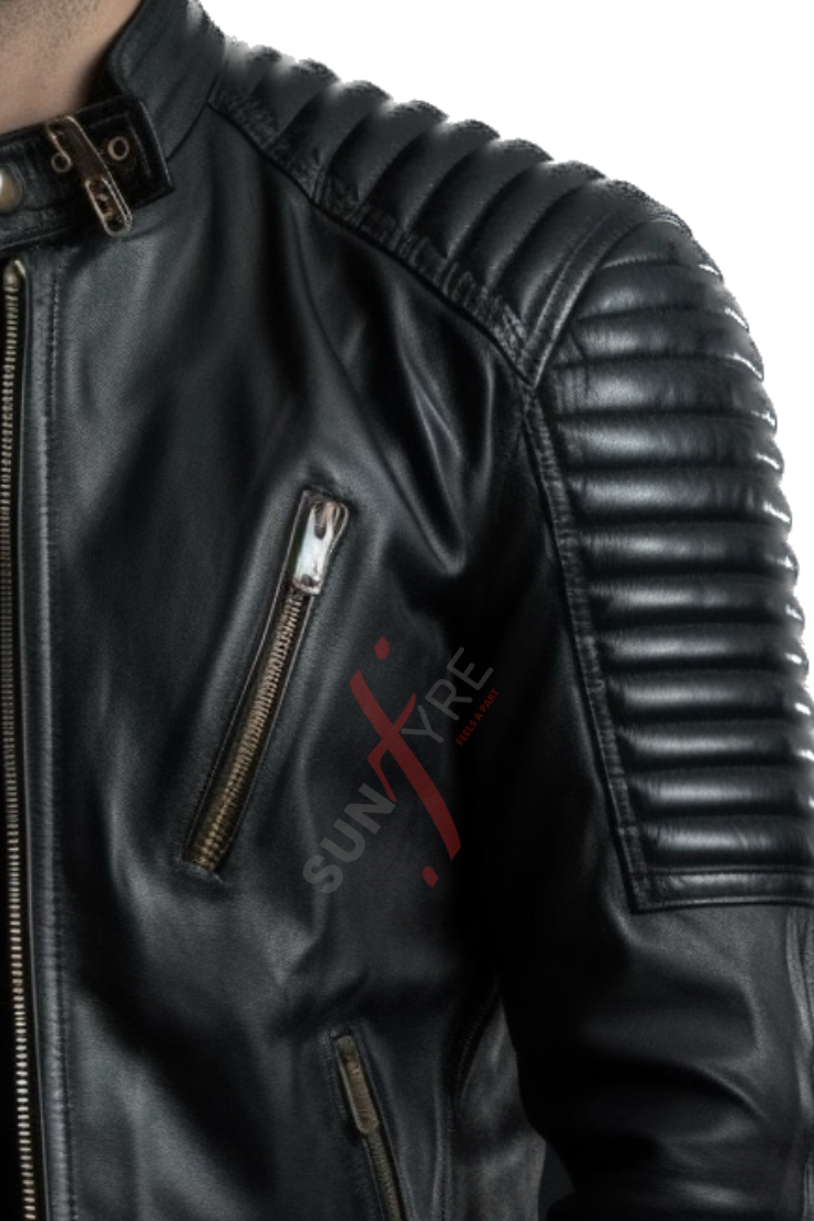 Quilted Black Motorcycle Leather Jacket For Men