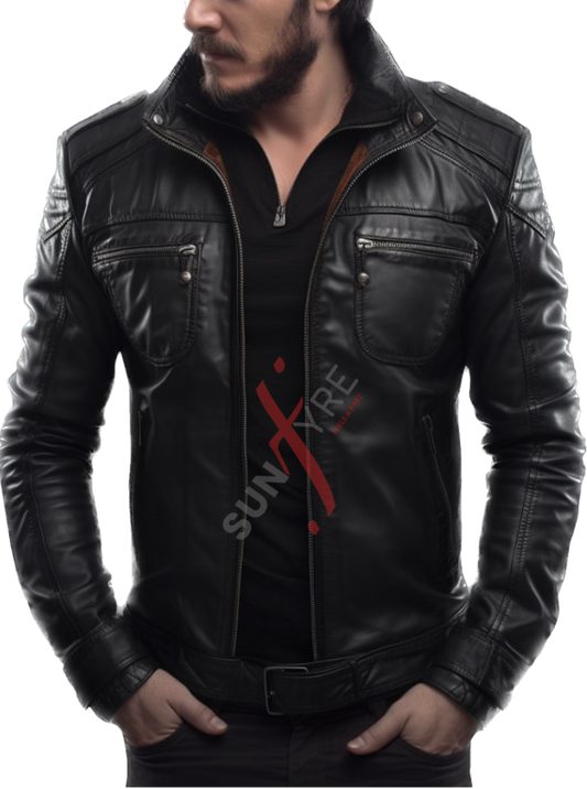 Real Sheepskin Black Cafe Racer Leather Jacket For Men