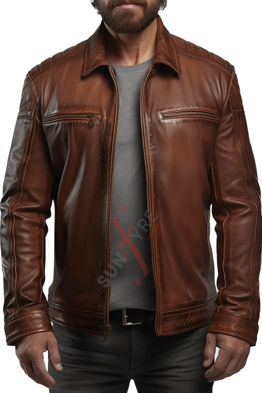 Original Sheepskin Cafe Racer Tan Biker Leather Jacket For Men