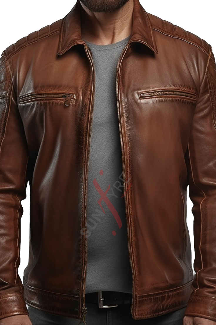 Sheepskin Cafe Racer Tan Biker Leather Jacket For Men