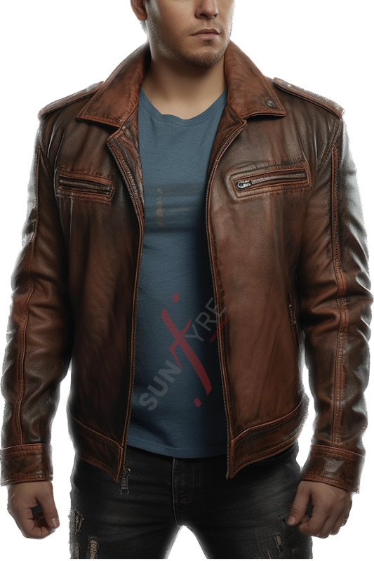 Sheepskin Distressed Brown Trucker Leather Jacket For Men