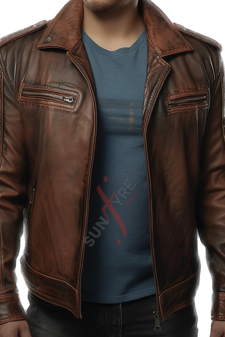 Distressed Brown Trucker Leather Jacket For Men