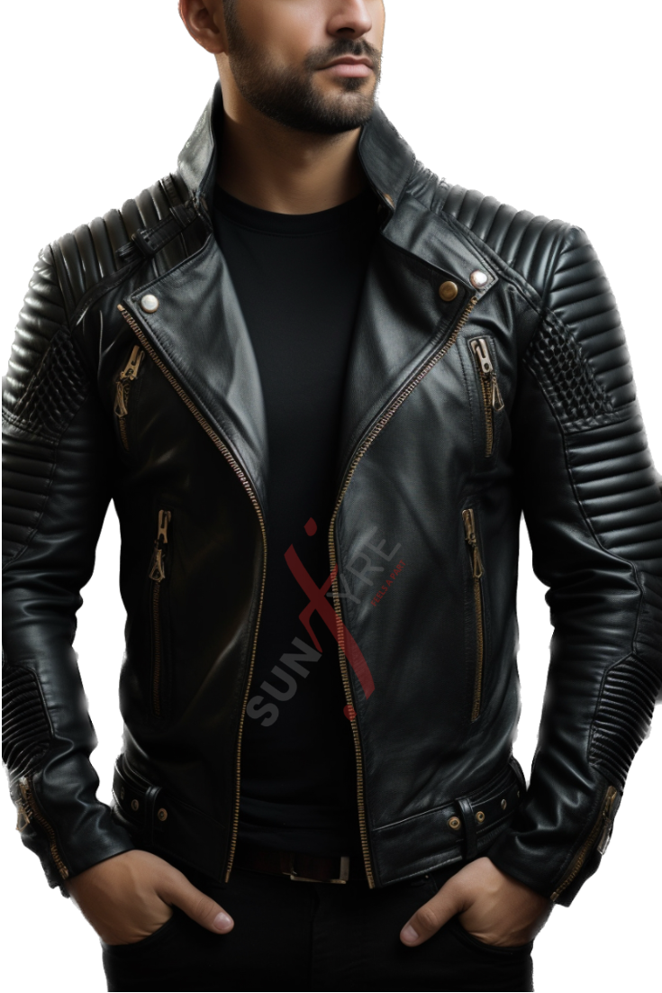 Sheepskin Black Quilted Biker Leather Jacket For Men