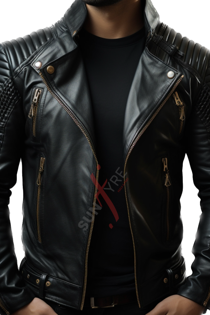 Black Quilted Biker Leather Jacket For Men