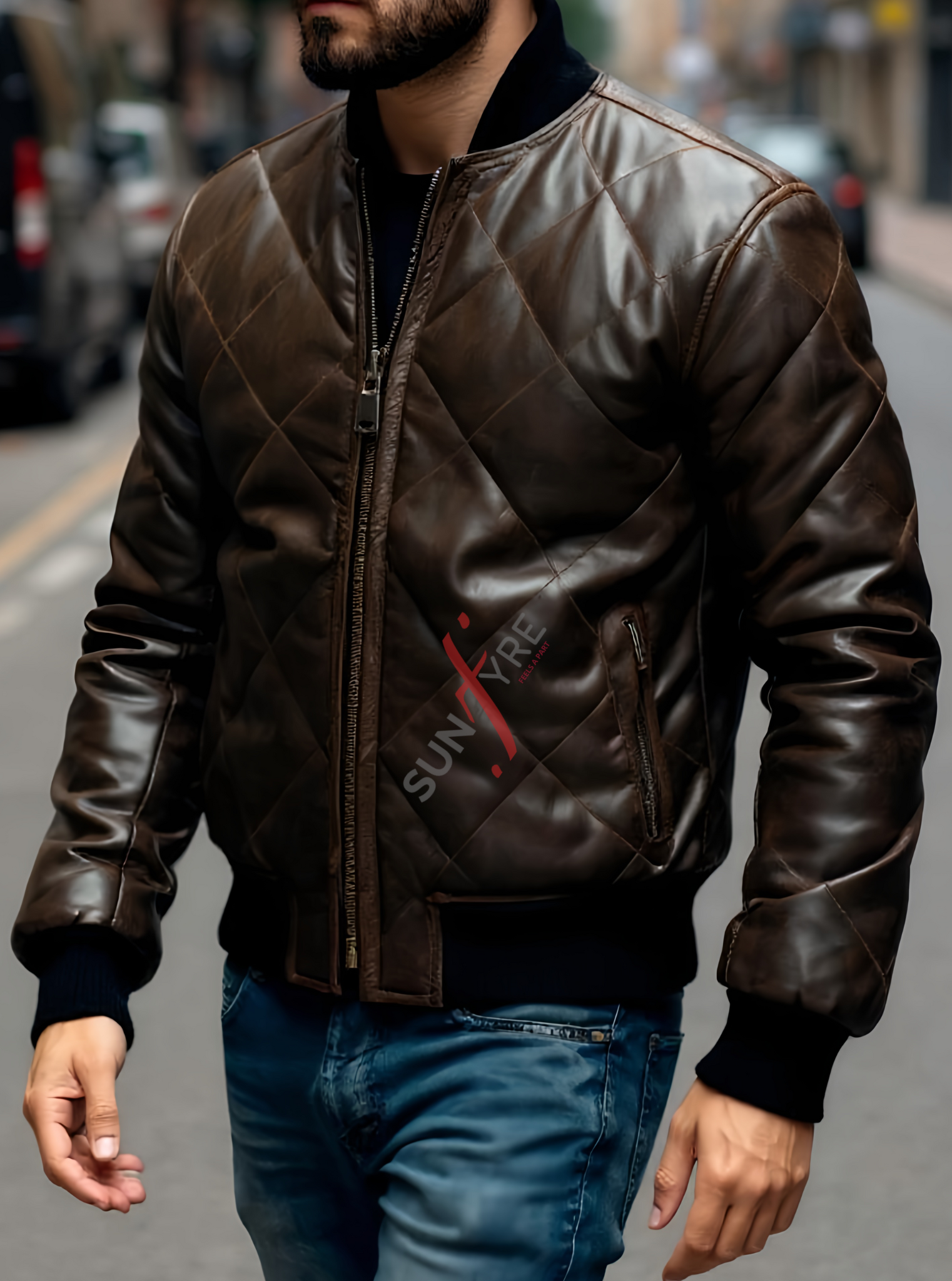 Quilted Dark Brown Bomber Leather Jacket For Men(SF617)