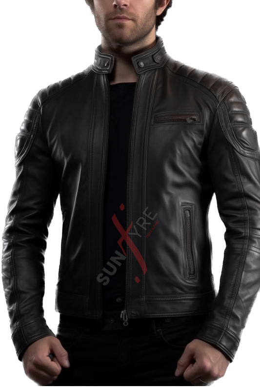 Dodge Sheepskin Black Cafe Racer Leather Jacket For Men