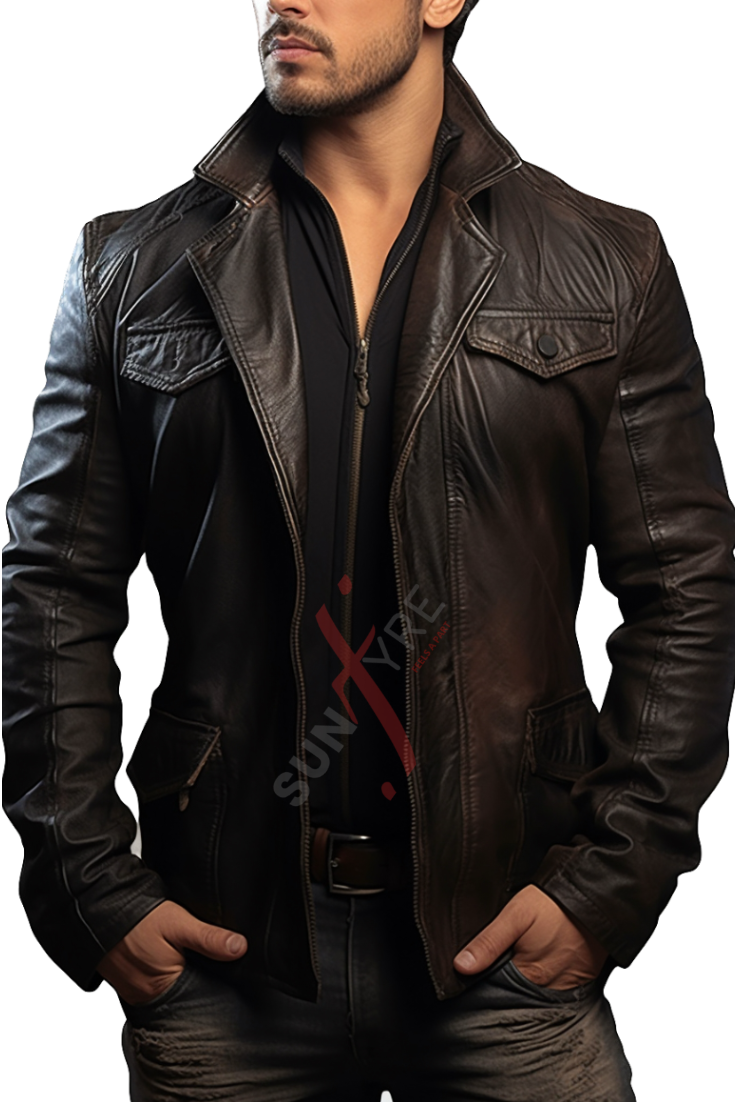 Real Sheepskin Distressed Brown Leather Blazer For Men