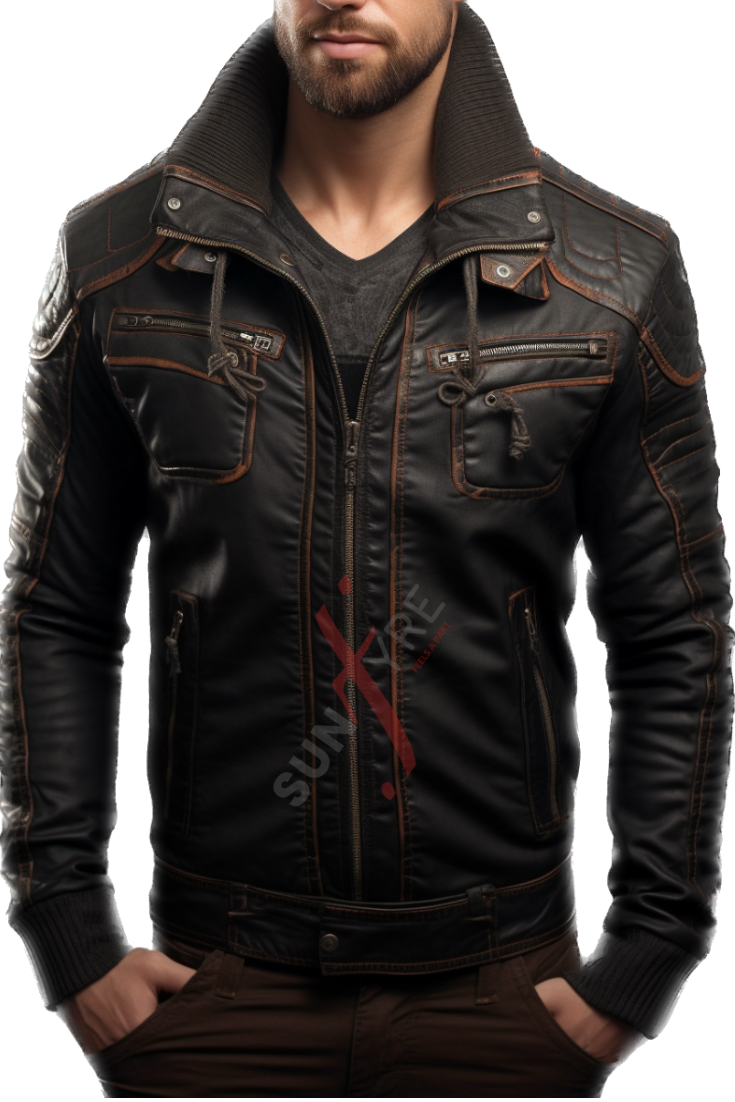 Grey Black Distressed Bomber Leather Jacket For Men