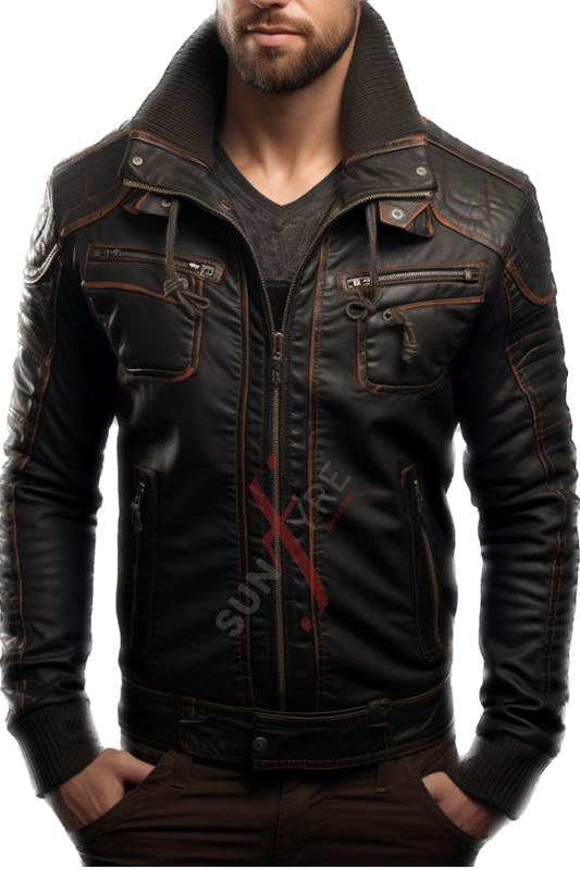 Grey Black Distressed Bomber Leather Jacket For Men