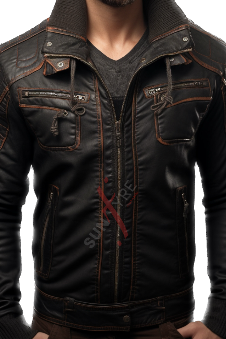 Black Distressed Bomber Leather Jacket For Men