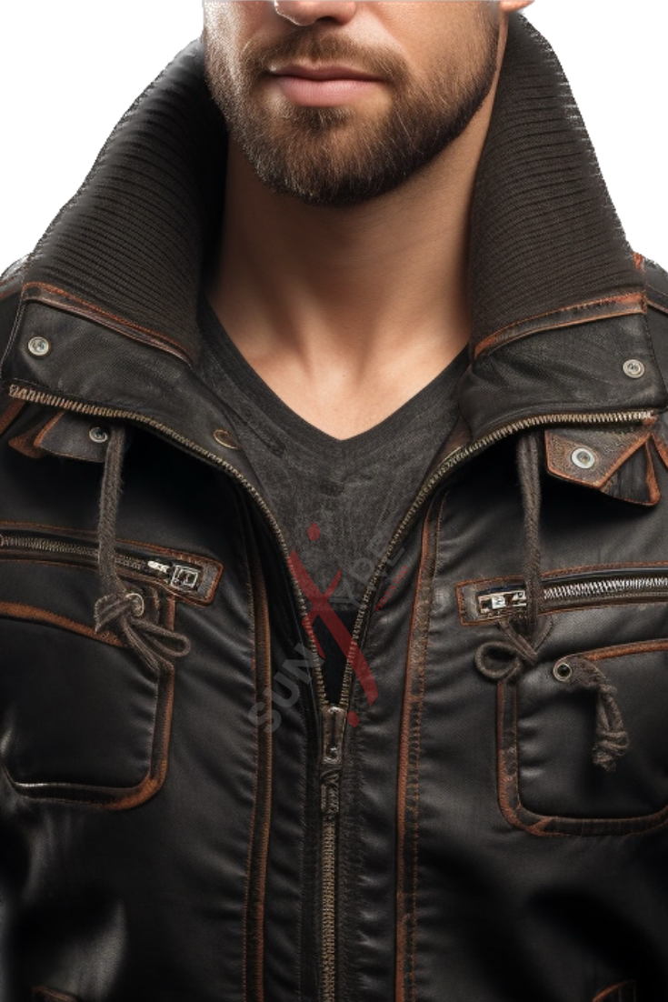 Distressed Bomber Leather Jacket For Men