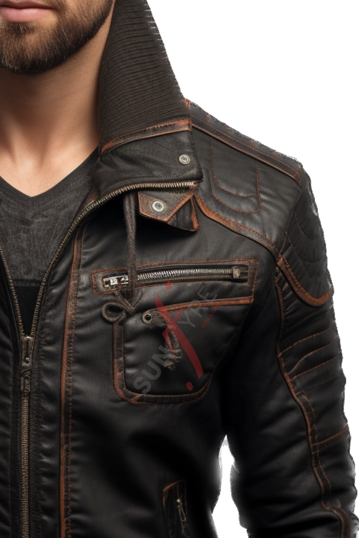 Grey Black Bomber Leather Jacket For Men