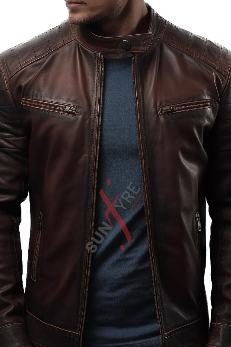 Distressed Cafe Racer Brown Leather Jacket For Men