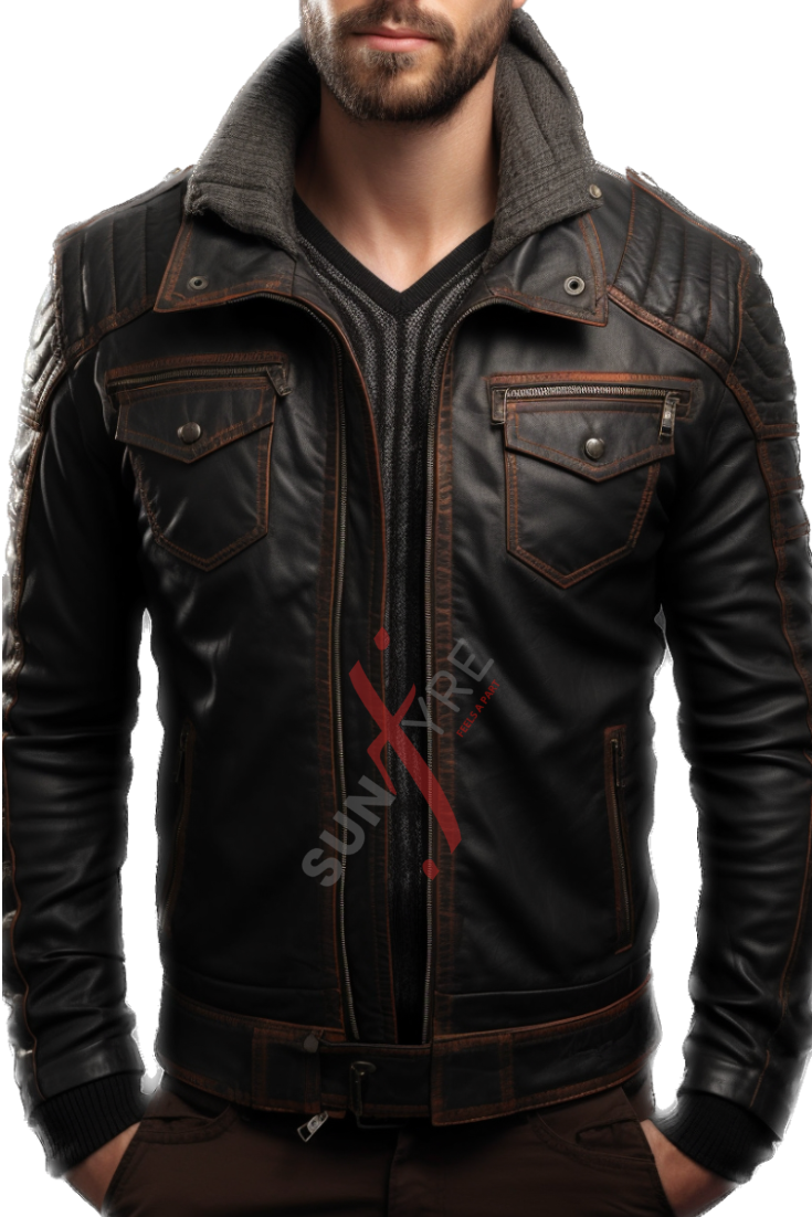 Real Sheepskin Black Distressed Bomber Leather Jacket For Men