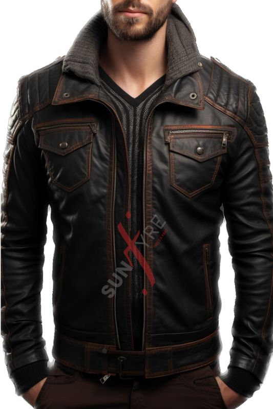 Real Sheepskin Black Distressed Bomber Leather Jacket For Men