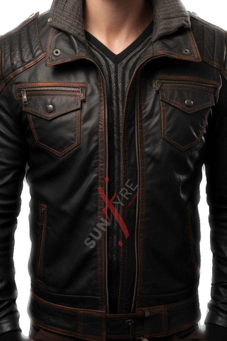 Sheepskin Black Distressed Bomber Leather Jacket For Men