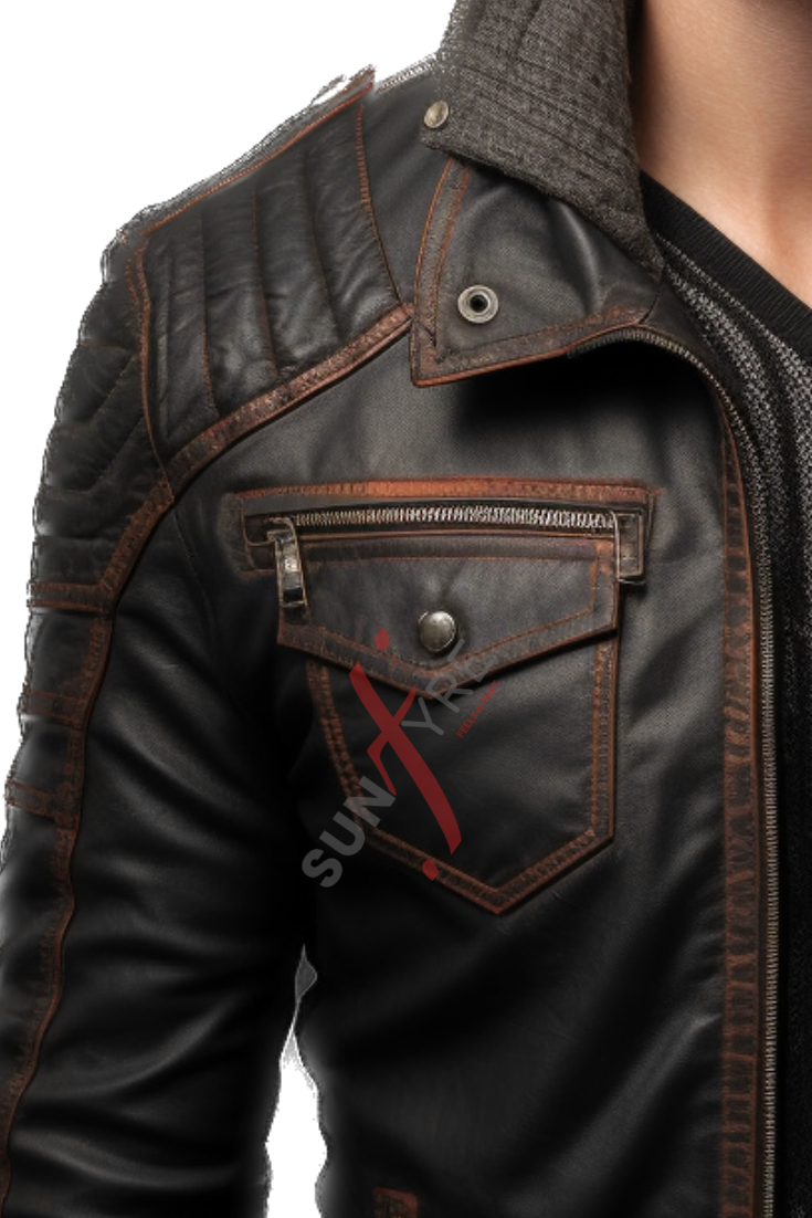 Black Distressed Bomber Leather Jacket For Men