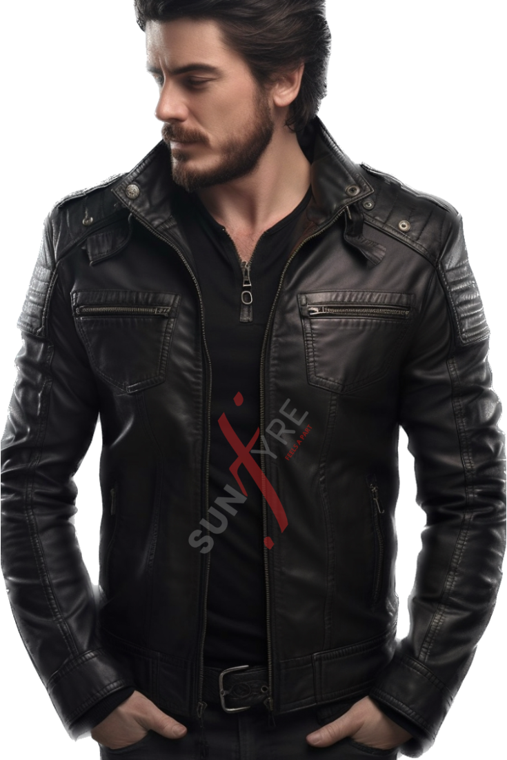 Real Lambskin Black Motorcycle Leather Jacket For Men