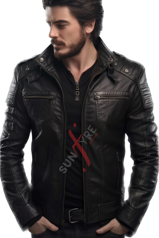 Real Lambskin Black Motorcycle Leather Jacket For Men